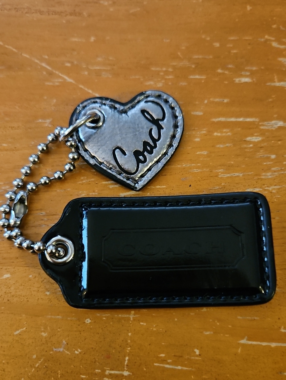 Coach Black Patent Tag & Silver Heart Charm Keychain